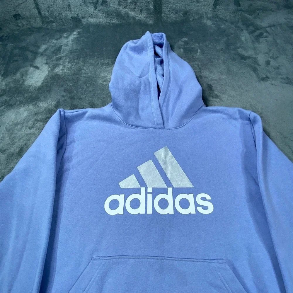Adidas Hoodie Large Blue Logo Pullover Athletic Fleece Sweatshirt Activewear Top